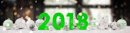 2018 new year eve with white and green christmas baubles on snow background 3D renderingの写真素材