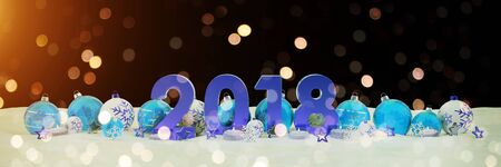 2018 new year eve with blue and white christmas baubles and candles 3D renderingの写真素材