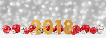 2018 new year eve with red and white christmas baubles on snow background 3D renderingの写真素材