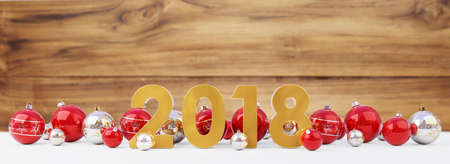 2018 new year eve with red and white christmas baubles on snow background 3D renderingの写真素材