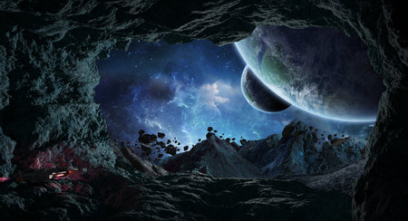 Astronauts with spaceship exploring a cave in asteroid in space 3D rendering