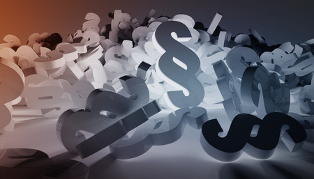 3D rendering law paragraph icons falling on the floor on dark backgroundの写真素材