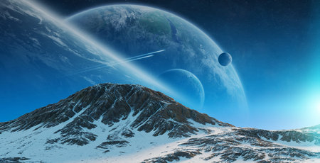 Exoplanets in space view from a mountain 3D rendering