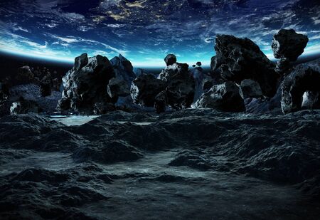 Astronauts with spaceship exploring an asteroid in space 3D renderingの写真素材