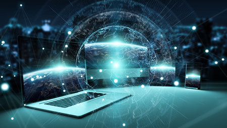 Worldwide server interface over modern tech devices in dark background 3D rendering