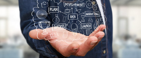 Businessman on blurred background using manuscript project presentation with his hand