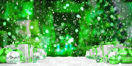 Green and white christmas gifts and baubles lined up on snowy background 3D renderingの写真素材