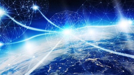 Connections system and global datas exchanges over the globe 3D renderingの写真素材