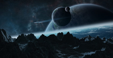 Dark asteroids flying close to planets in space 3D
