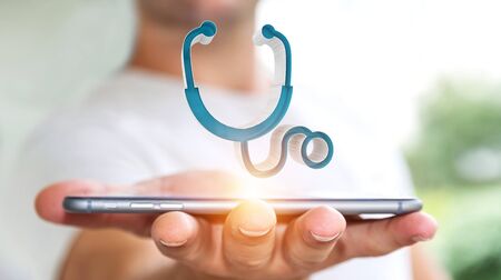 Businessman on blurred background holding and touching medical icon 3D renderingの写真素材