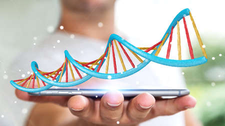 Businessman on blurred background using modern DNA structure 3D renderingの写真素材