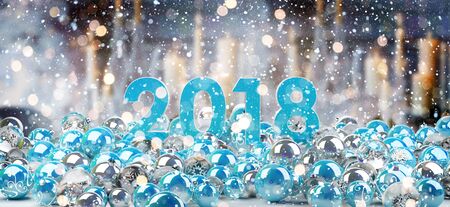 2018 new year eve with blue and white christmas baubles 3D renderingの写真素材