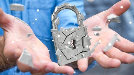 Businessman on blurred background hacking in broken padlock security 3D renderingの写真素材