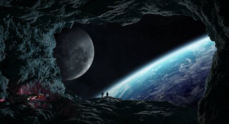 Astronauts with spaceship exploring a cave in asteroid in space 3D renderingの写真素材