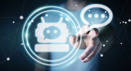 Businessman on blurred background chatting with chatbot application 3D renderingの写真素材