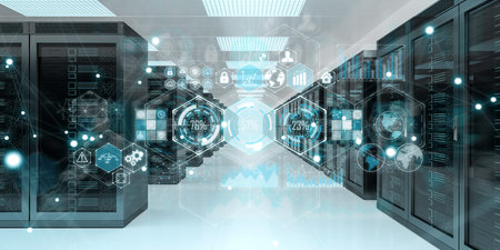 Modern digital graph holograms flying over server room data center 3D rendering