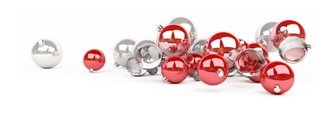 Red and white christmas baubles isolated on white background 3D rendering