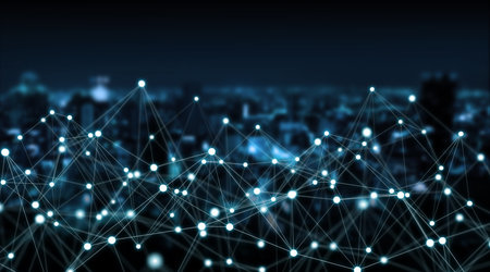 Connections system and global datas exchanges on city background 3D rendering
