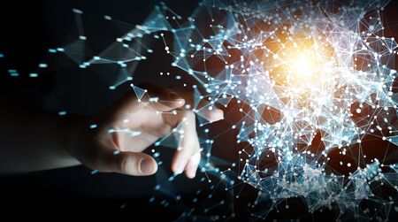 Businessman on blurred background touching flying network connection 3D renderingの写真素材