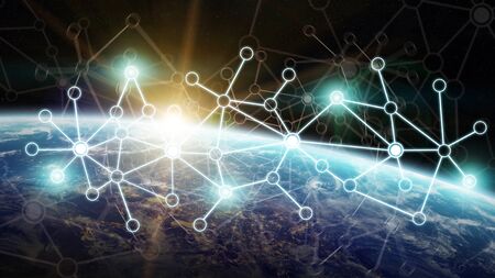 Connections system and global datas exchanges over the globe 3D renderingの写真素材