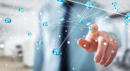 Businessman on blurred background using flying network balls connection 3D rendering