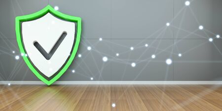 Big shield icons in bright interior with connections 3D renderingの写真素材