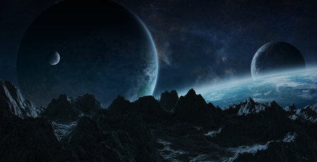 Dark asteroids flying close to planets in space 3D rendering elements of this image