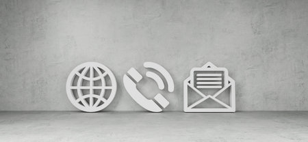 Big contact icons in bright concrete wall interior 3D rendering
