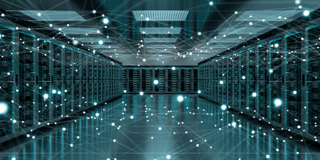 Server room center exchanging cyber datas and connections 3D rendering