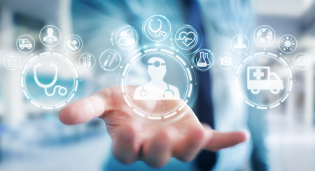 Businessman on blurred background using digital medical interface 3D renderingの写真素材