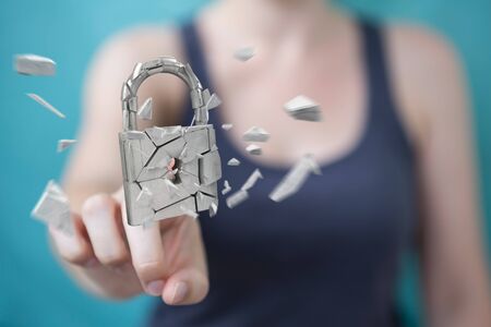 Businesswoman on blurred background hacking in broken padlock security 3D renderingの写真素材