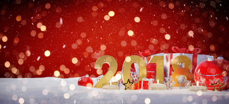 2018 new year eve with red and white christmas baubles and gifts 3D rendering
