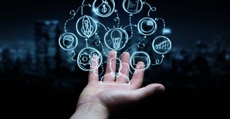 Businessman on blurred background using manuscript project presentation with his handの写真素材