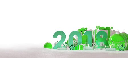 2018 new year eve with green and white christmas baubles and gifts 3D renderingの写真素材