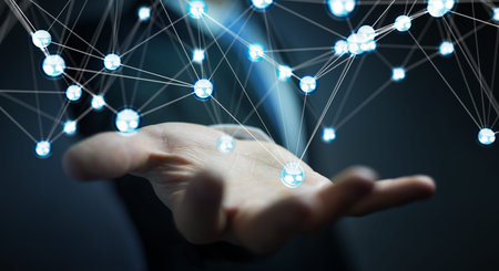 Businessman on blurred background using flying network balls connection 3D rendering