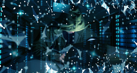 Hacker accessing to personal data information with a computer in a dark room 3D rendering