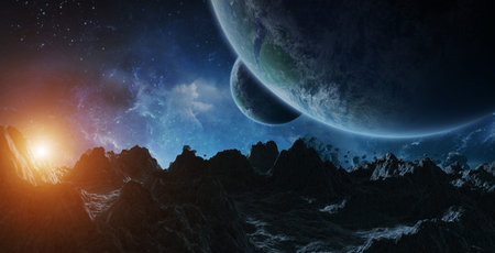 Dark asteroids flying close to planets in space 3D rendering