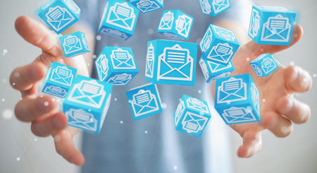 Businessman on blurred background using floating cube emails 3D rendering