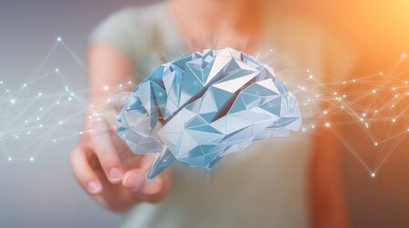 Businesswoman using digital x-ray human brain interface with cell and neurons activity 3D renderingの写真素材