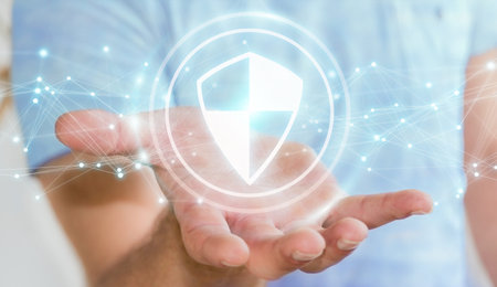 Businessman on blurred background using shield safe protection with connections 3D rendering