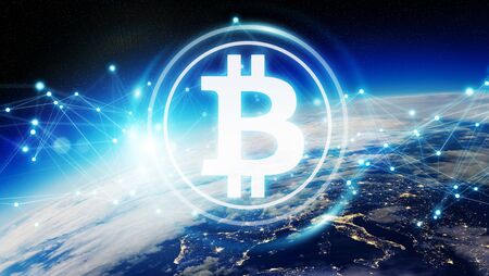 Bitcoins exchanges and connections over the globe 3D rendering elements of this image furnished by NASAの写真素材