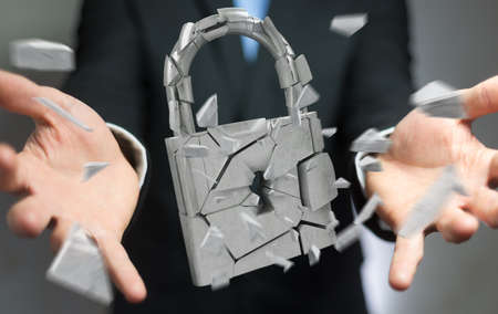 Businessman on blurred background hacking in broken padlock security 3D renderingの写真素材