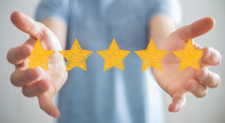 Businessman on blurred background rating with hand drawn stars