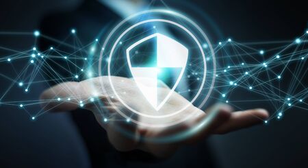 Businessman on blurred background using shield safe protection with connections 3D renderingの写真素材