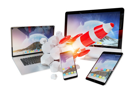 Tech devices and startup rocket connected to each other on white background 3D rendering
