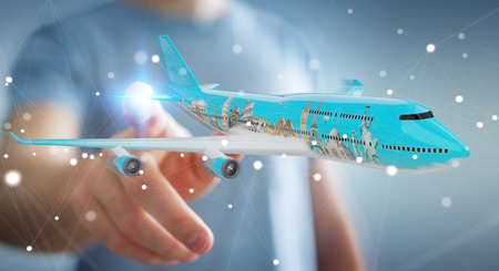 Businessman on blurred background with plane and famous landmarks of the world 3D renderingの写真素材