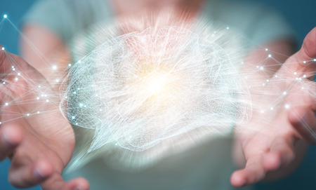 Businesswoman using digital x-ray human brain interface with cell and neurons activity 3D renderingの写真素材