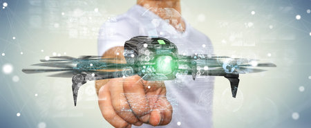 Businessman on blurred background using modern drone 3D rendering