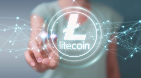 Businesswoman on blurred background using litecoins cryptocurrency 3D renderingの写真素材