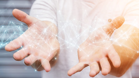 Businessman on blurred background using flying network connection 3D renderingの写真素材